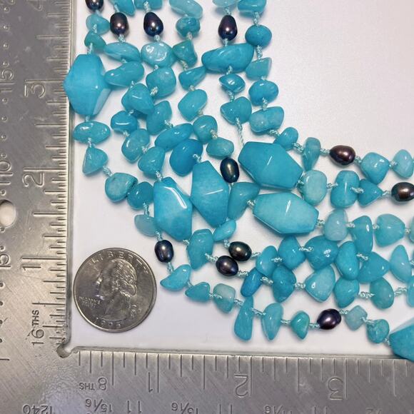 Hand-Knotted Multi-Strand Aqua Color Amazonite Bib Necklace w/ Toggle Clasp 19” - Picture 10 of 16